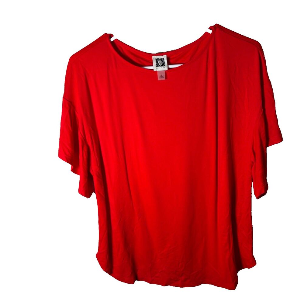 Anne Klein Blouse Women's Medium Red Short Sleeve Round Neck Solid Top Career